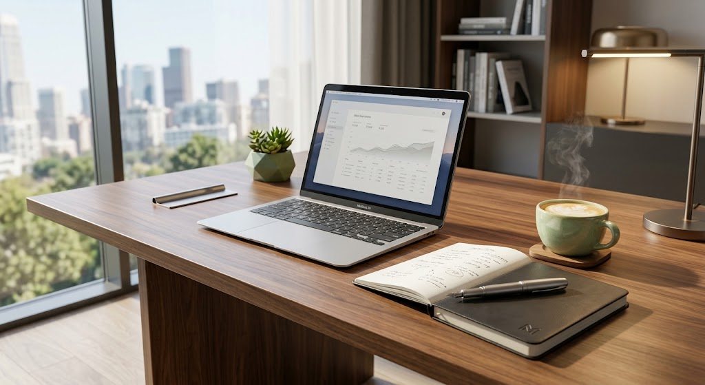 A laptop, notebook, and coffee on an organized desk by a window